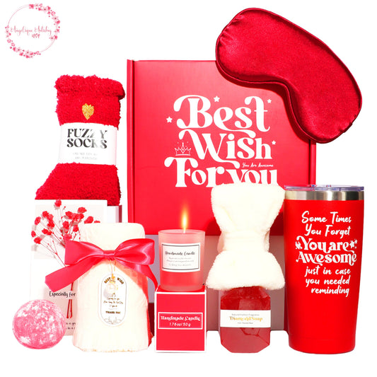 Angelique Artistry USA Spa Gift Set, 8 Pieces, Red Box with Tumbler, Candle, Bath Bomb, Soap, Socks and More